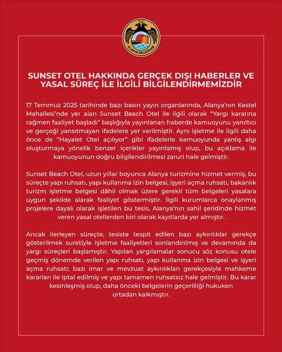 SUNSET OTEL HAKKINDA GERÇEK DIŞI HABERLER VE YASAL SÜREÇ İLE İLGİLİ BİLGİLENDİRMEMİZDİR